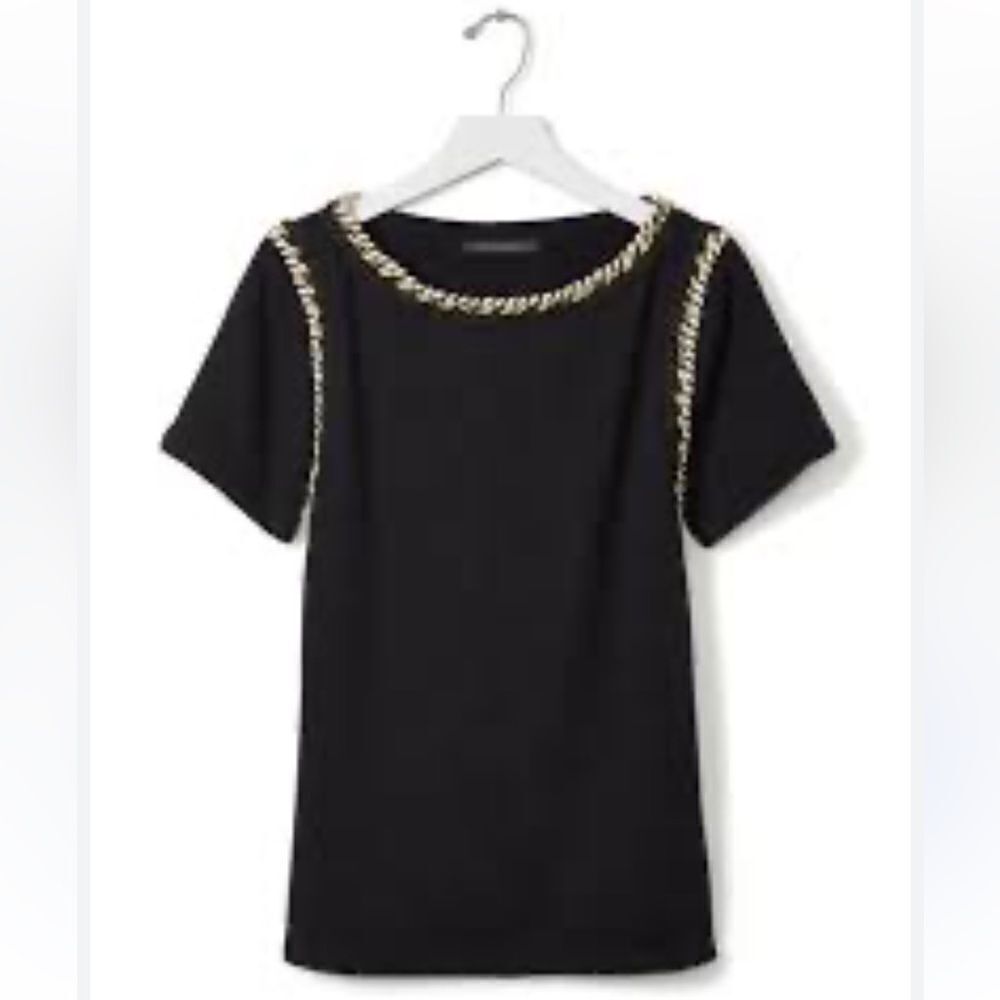 NWT Banana Republic Top Black White Gold Rope Trim Short Sleeve Small